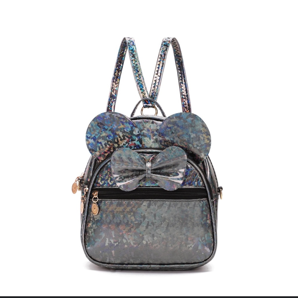 Iridescent Gray Crossbody Bag with Bow Accent